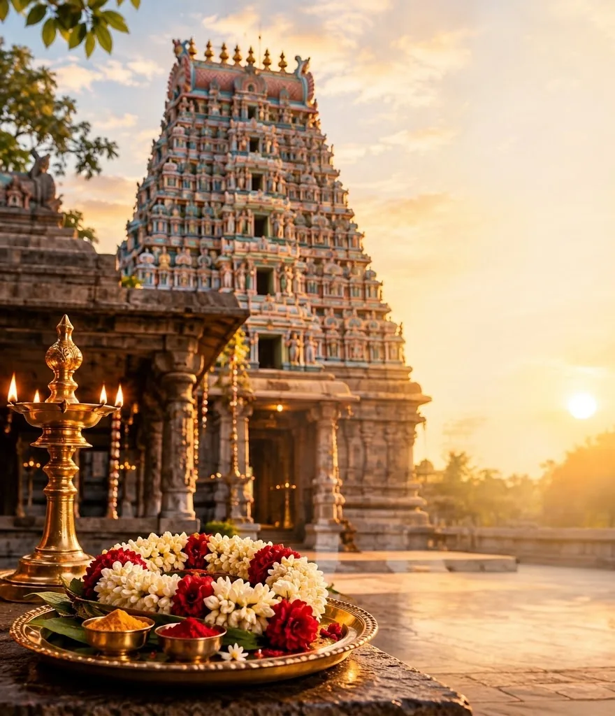Brass lamp and puja flowers in front of a Tamil Nadu temple tower at golden hour